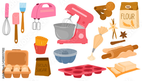 Baking tools, utensils, ingredients set. Kitchen supplies, bakery stuff for cooking cake. Flour bag, sugar, oil, butter, mixer, whisk. Flat graphic vector illustration isolated on white background