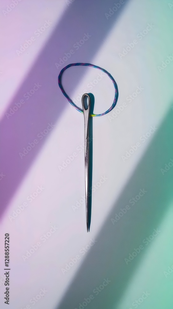 Sewing needle with colorful thread on white background, soft shadows Sewing needle with colorful thread on white background, soft shadows