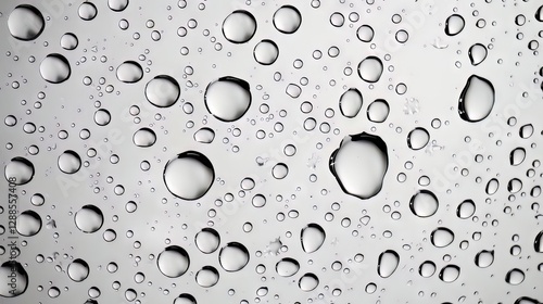 Various sized water droplets forming pattern on light gray background