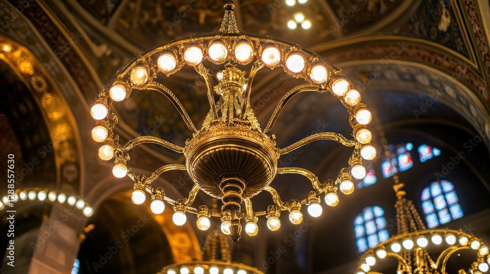 Obraz premium Cathedral chandelier illuminated, ornate ceiling, stained glass, religious interior, worship