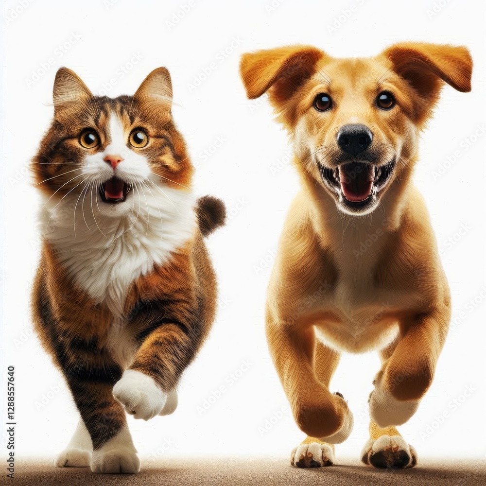 cat and dog running side by side, both facing the viewer cat and dog running side by side, both facing the viewer