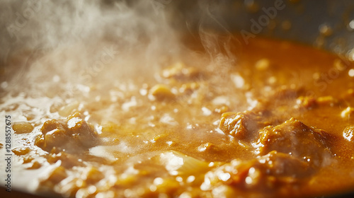 A close-up of curry roux melting into a simmering pot