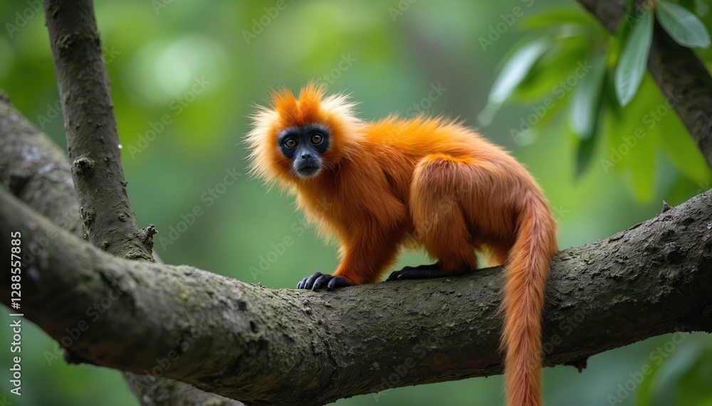 Rare Golden Lion Tamarin sitting on branch in rainforest. Endangered primate from Brazil with vibrant orange fur, black face. Small, furry animal in tropical nature. Arboreal species, conservation Rare Golden Lion Tamarin sitting on branch in rainforest. Endangered primate from Brazil with vibrant orange fur, black face. Small, furry animal in tropical nature. Arboreal species, conservation