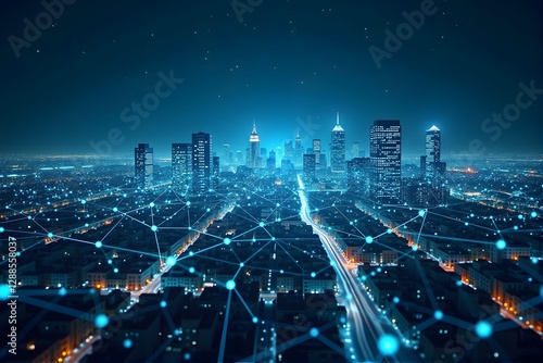Wallpaper Mural Aerial View of a Modern Cityscape at Night with Illuminated Skyline and Network Connections Torontodigital.ca
