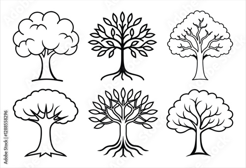 A set of six tree vector line art designs. Simple collection. Isolated bundle on white background.