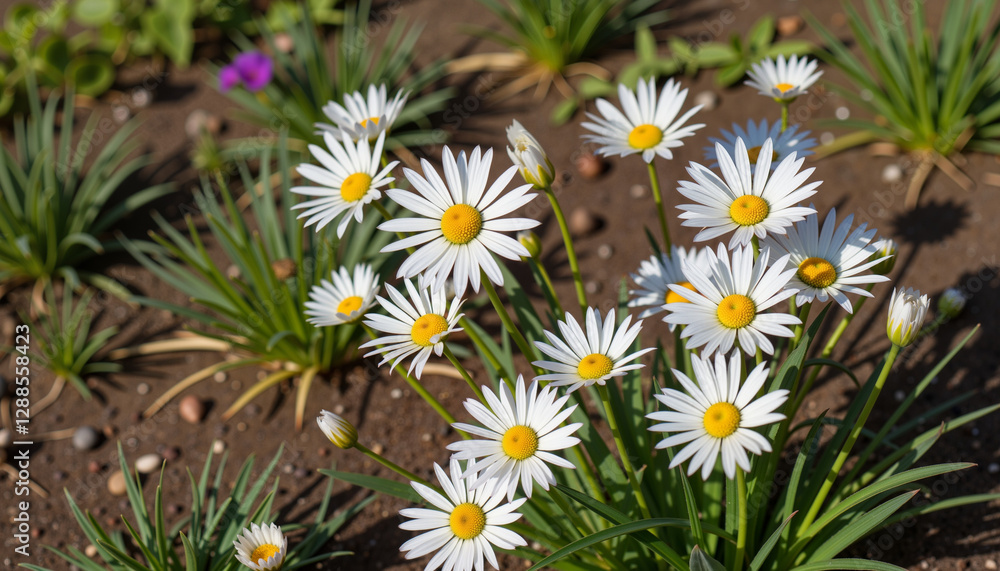 Bright daisies blooming in garden soil, symbol of renewal Bright daisies blooming in garden soil, symbol of renewal