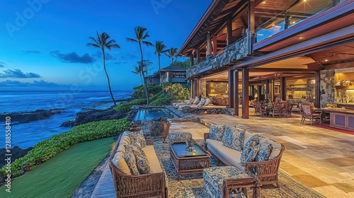 Oceanfront mansion twilight patio luxury Hawaii