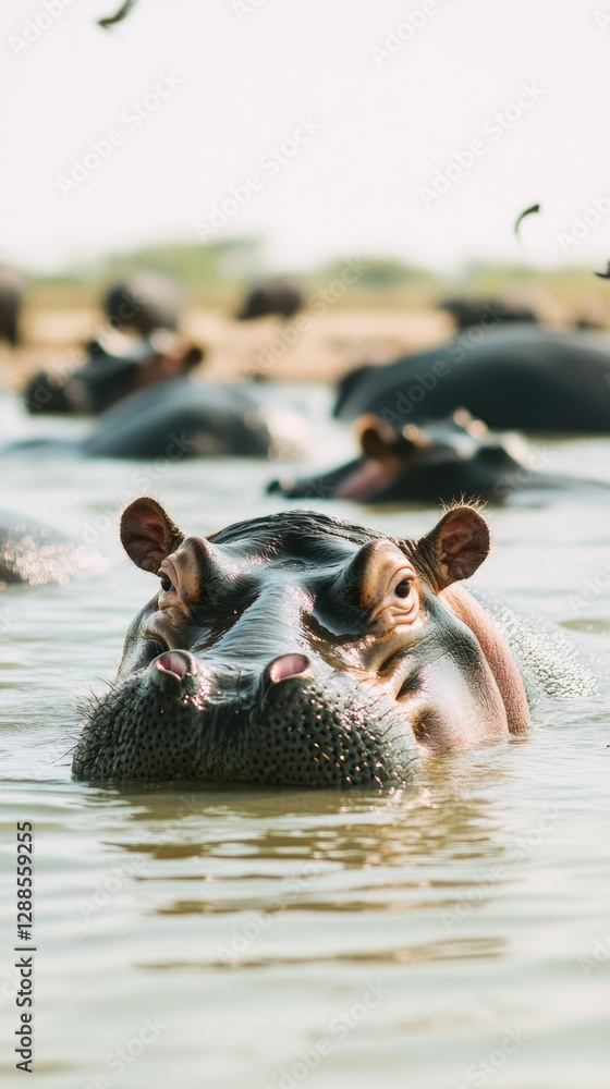 Fototapeta premium Hippos relaxing in a shallow African river, half-submerged in the cool water