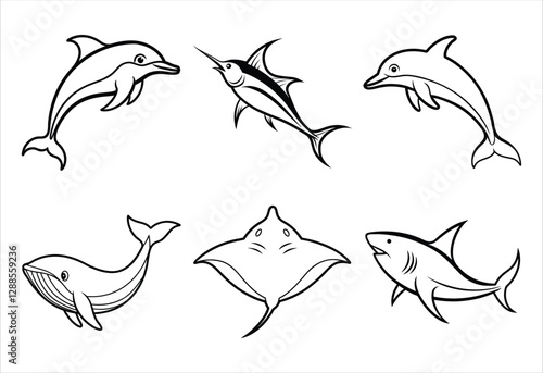 A set of six sea animal vector line art designs. Simple collection. Isolated bundle on white background.