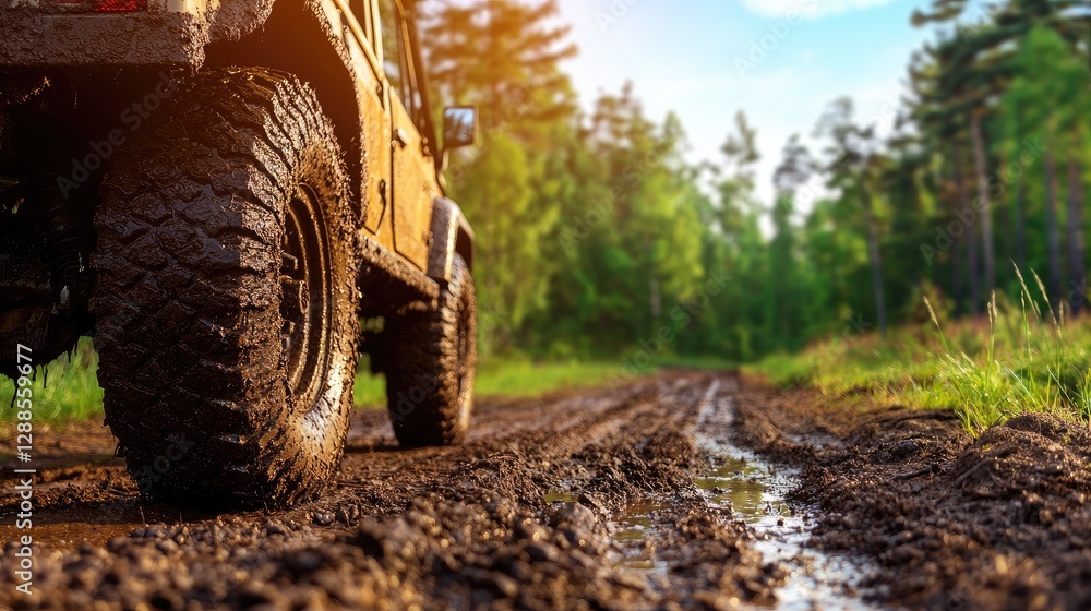Off-road adventure vehicle forest trail photography muddy terrain low angle exploration and adventure Off-road adventure vehicle forest trail photography muddy terrain low angle exploration and adventure