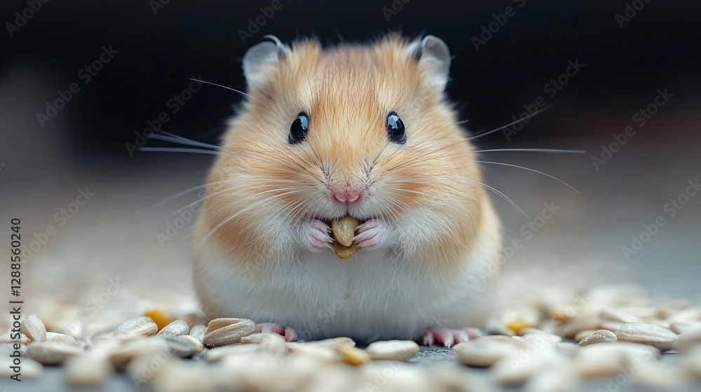 A kawaii hamster munching on sunflower seeds with big cheeks A kawaii hamster munching on sunflower seeds with big cheeks