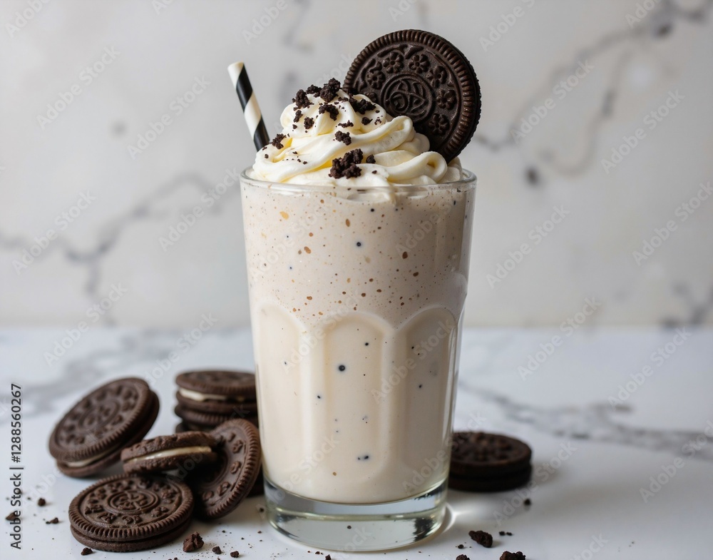 custom made wallpaper toronto digitalA creamy milkshake in a glass cup, topped with whipped cream and an cookie, sits on a marble countertop with scattered cookies around it