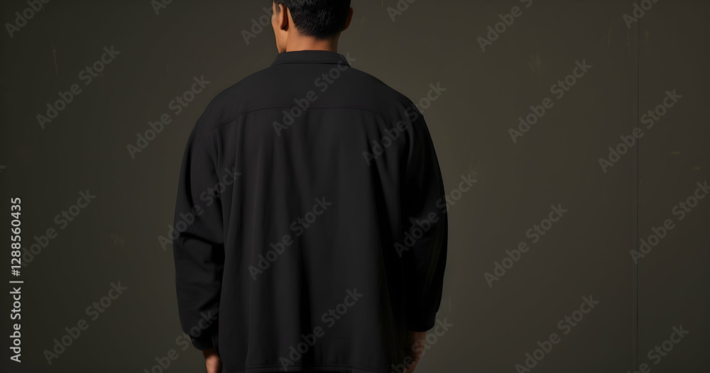 Subject stands with back turned against a plain wall, showcasing an air of contemplation in a minimalist setting during the evening hours Subject stands with back turned against a plain wall, showcasing an air of contemplation in a minimalist setting during the evening hours