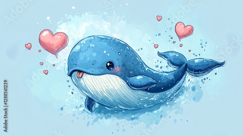 A chibi whale blowing heart-shaped water droplets