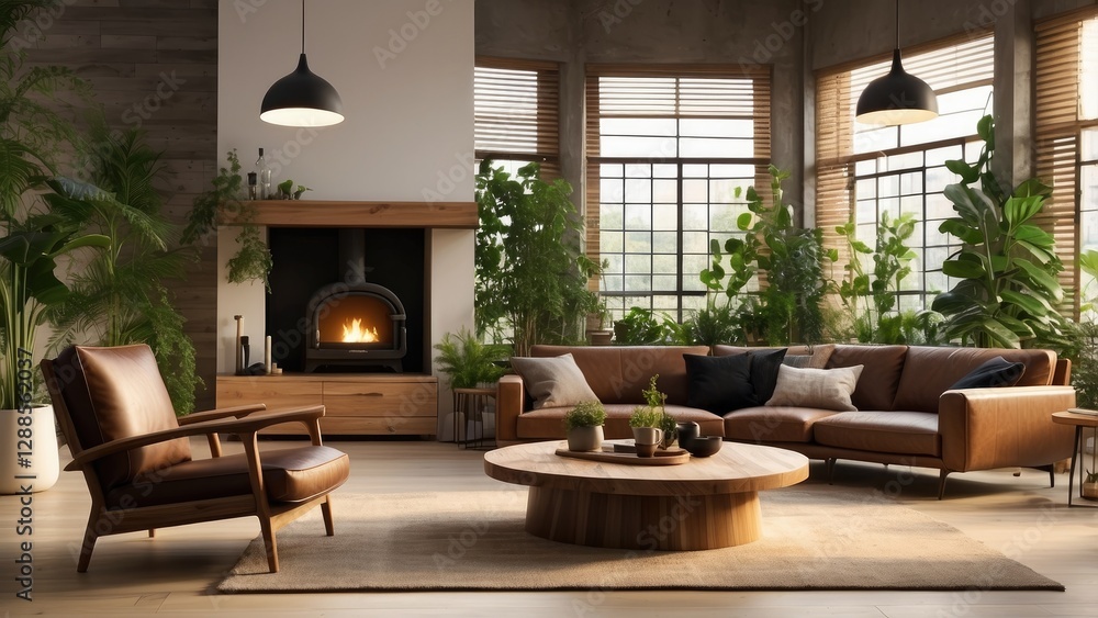 Fototapeta premium Modern living room with a minimalist design featuring a black accent wall