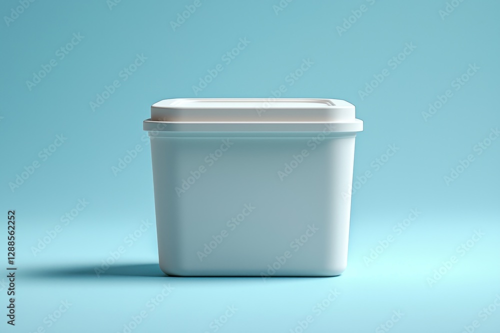 White Square Container with Lid on Light Blue Background Minimalist Food Storage White Square Container with Lid on Light Blue Background Minimalist Food Storage