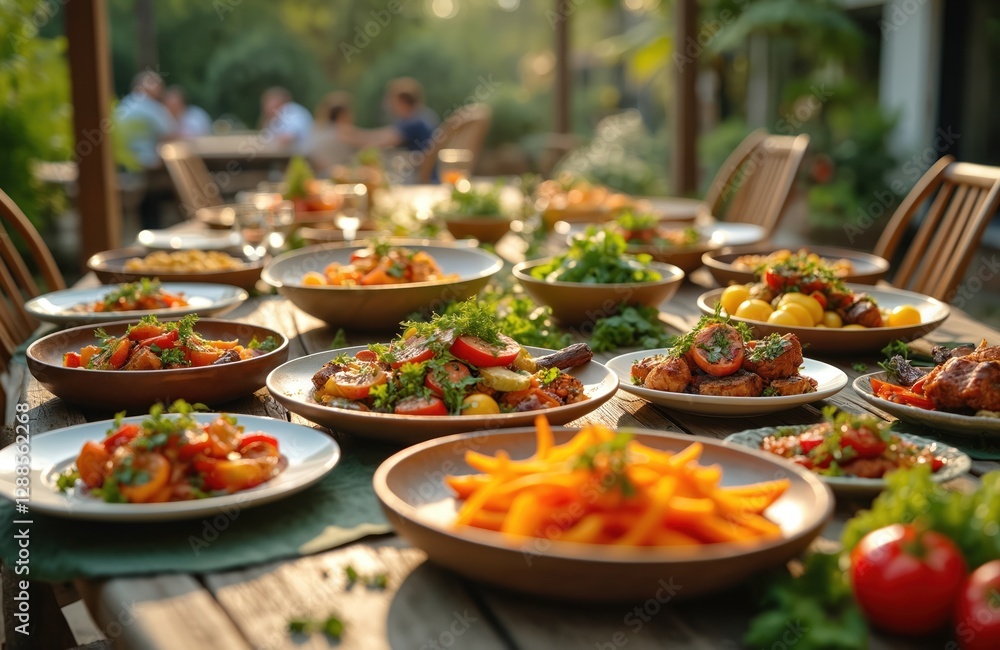 Fototapeta premium Farm-to-table dining table with fresh vegetable salads. Organic, seasonal meals served outdoors. Rustic wooden tableware with healthy dishes, herbs. Culinary feast with local ingredients promotes