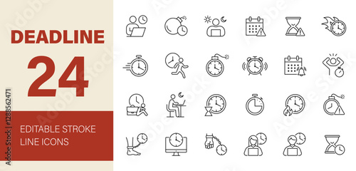 Deadline line Editable Icon set. Time related icons: workaholic, calendar, clock, alarm, work, stress and more. Vector illustration for pictograms and infographics for mobile apps.