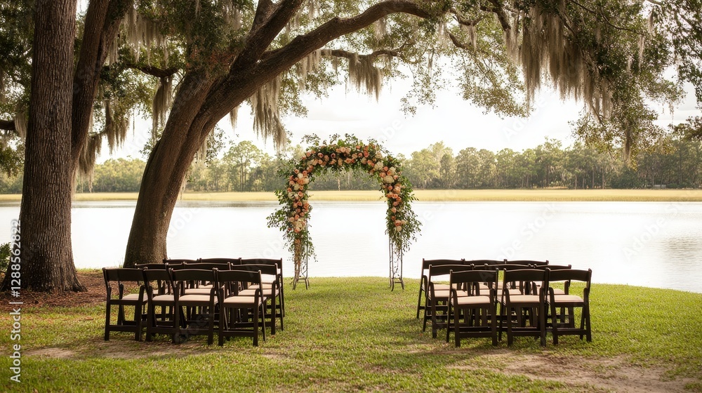 Outdoor Wedding Ceremony Setup with Floral Arch and Wooden Chairs Outdoor Wedding Ceremony Setup with Floral Arch and Wooden Chairs