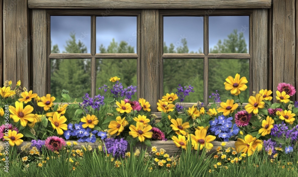 Fototapeta premium Vibrant flower garden blooming beneath a rustic wooden window with lush greenery outside