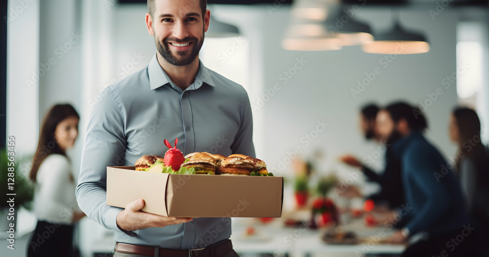 Man smiling while holding a box of gourmet burgers in a modern cafe filled with patrons enjoying their meals during lunchtime Man smiling while holding a box of gourmet burgers in a modern cafe filled with patrons enjoying their meals during lunchtime