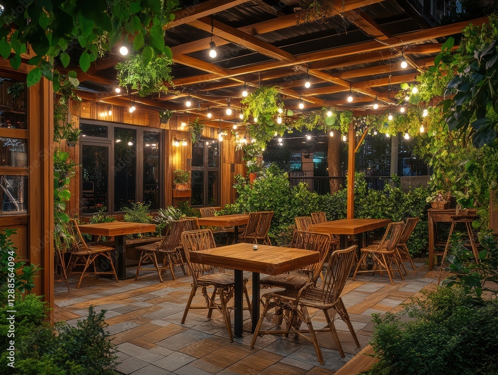 Fototapeta premium Enchanting Outdoor Restaurant Patio at Night with String Lights and Lush Greenery