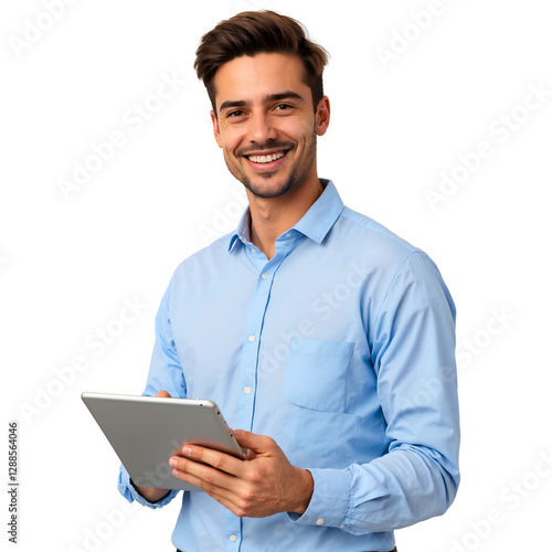 Young handsome man holding tablet, smiling nicely, isolated on transparent background