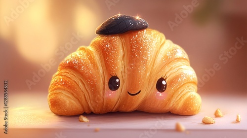 A chibi croissant with sparkly eyes and a tiny beret