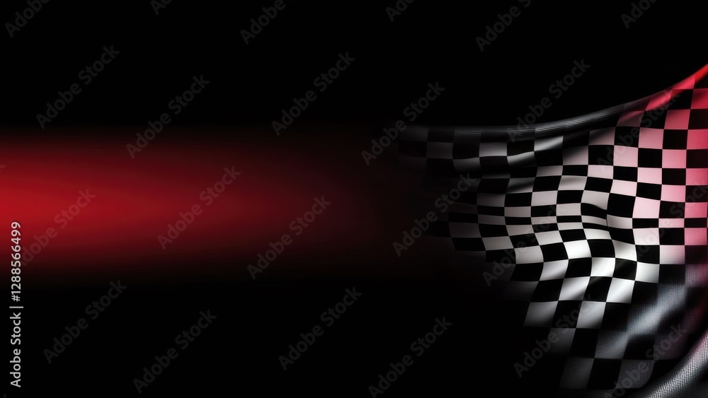 Checkered racing flag with motion blur on black and red background, copy space