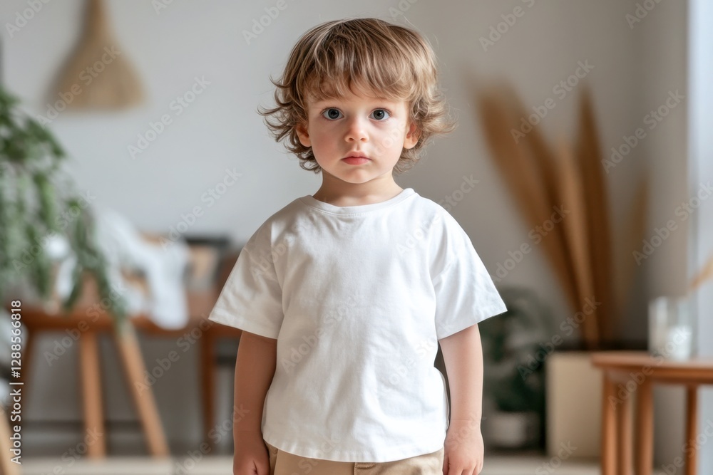 Adorable young boy with curly hair standing in a modern, cozy home interior, wearing a white t-shirt, looking curiously at the camera Adorable young boy with curly hair standing in a modern, cozy home interior, wearing a white t-shirt, looking curiously at the camera