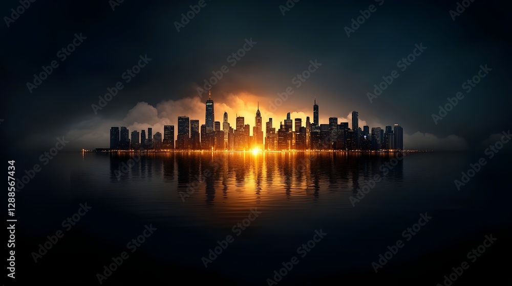 Fototapeta premium Dramatic and captivating nighttime city skyline with glowing symmetrical lights and smooth black sky creating a mesmerizing urban landscape reflected in the water below