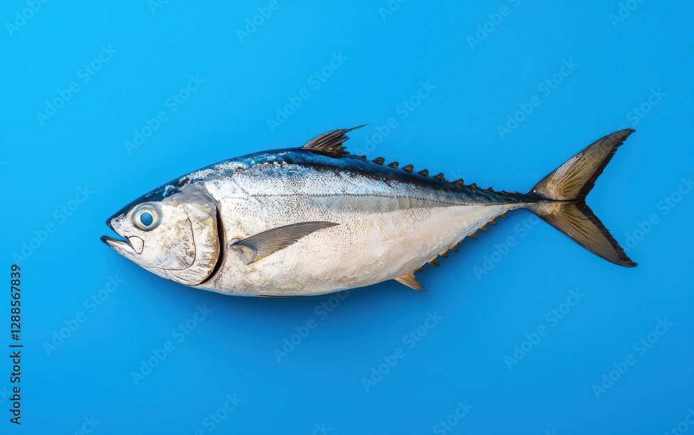 Yellowfin tuna gliding gracefully in blue water, showcasing elegance and beauty. A striking marine life example.