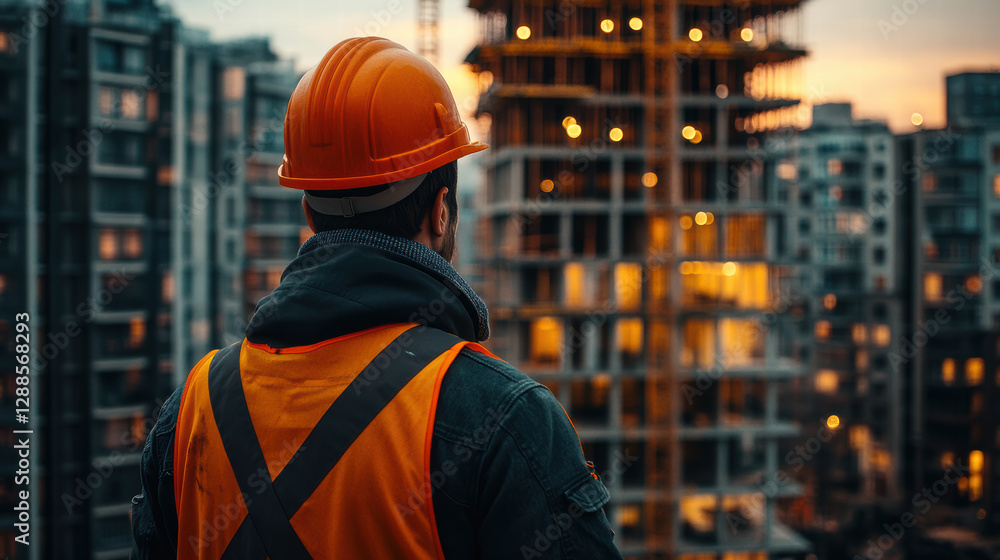 construction worker in orange hard hat observes building site at sunset, with city lights glowing in background, reflecting dedication and hard work construction worker in orange hard hat observes building site at sunset, with city lights glowing in background, reflecting dedication and hard work
