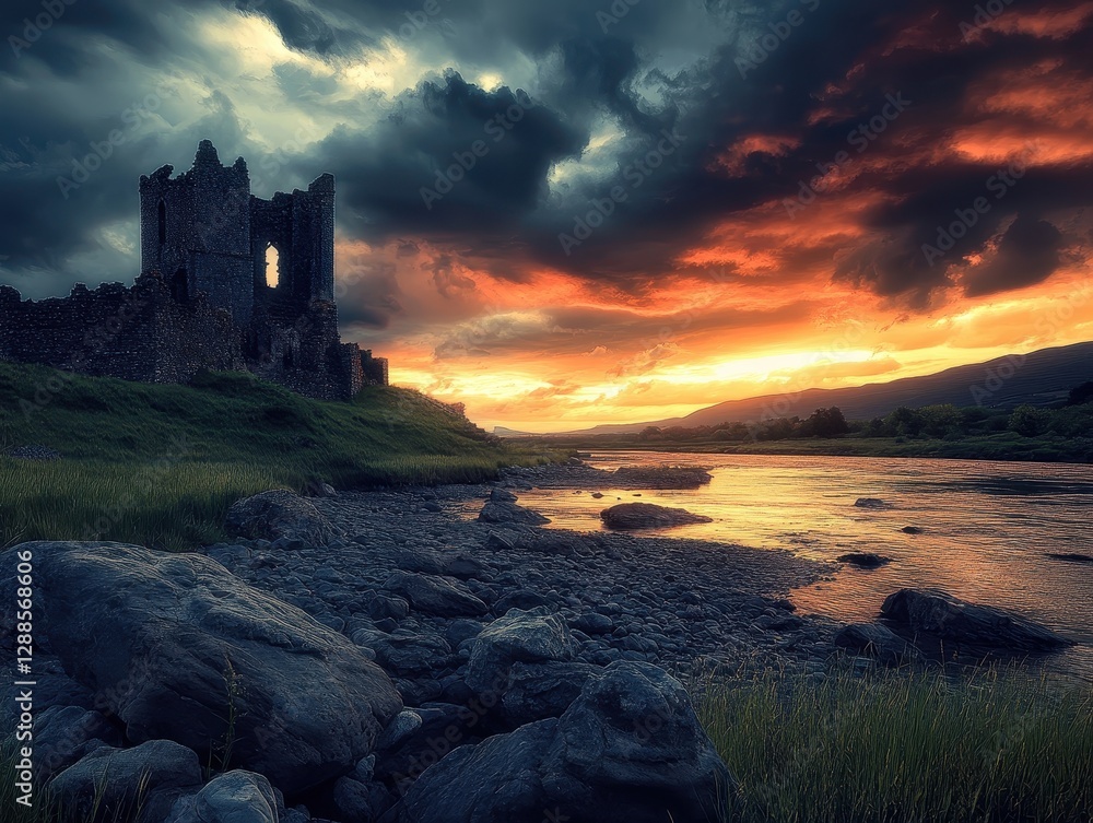 Fototapeta premium Majestic Sunset over Ancient Castle Ruins by the River: A Dramatic Landscape Photography