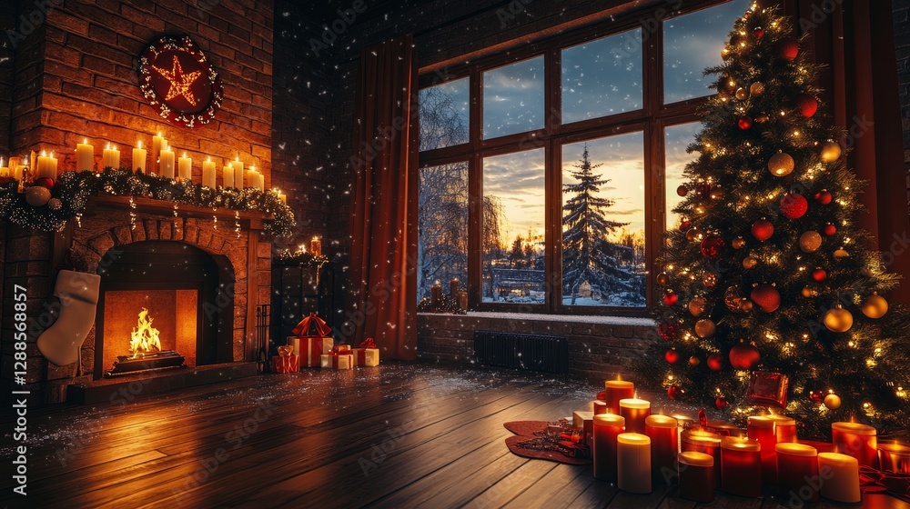 Cozy christmas scene with candles, tree, fireplace, and snowy window view for holiday spirit Cozy christmas scene with candles, tree, fireplace, and snowy window view for holiday spirit
