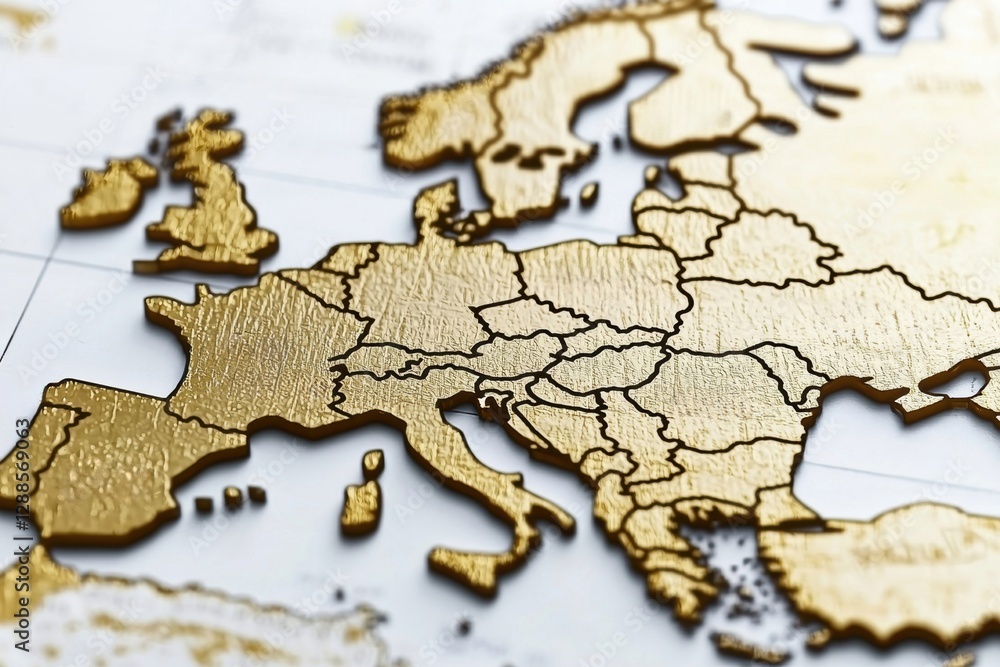 Fototapeta premium Gold map Europe highlighting countries and regions vividly.