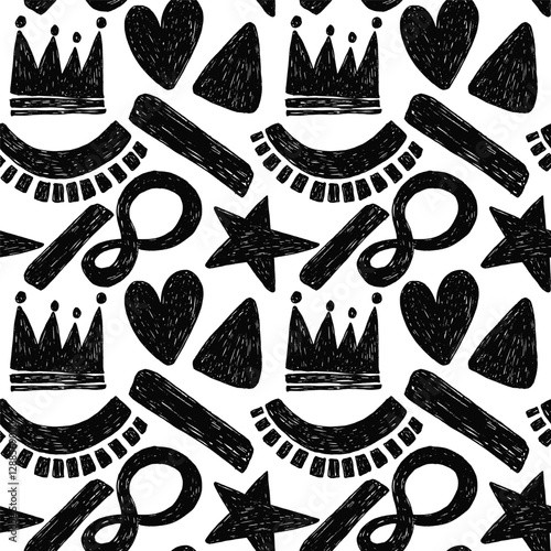 Pencil seamless pattern with bold geometric bizarre shapes in trendy drawing style. Bold crayon abstract shapes forming a pattern. Modern black and white design