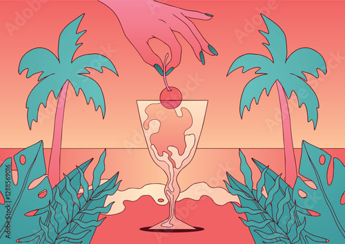 Tropical Pop Art Cocktail Hand Dropping Cherry by the Ocean