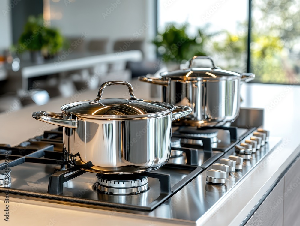 Modern Kitchen Still Life: Gleaming Stainless Steel Pots on a Gas Stovetop Modern Kitchen Still Life: Gleaming Stainless Steel Pots on a Gas Stovetop