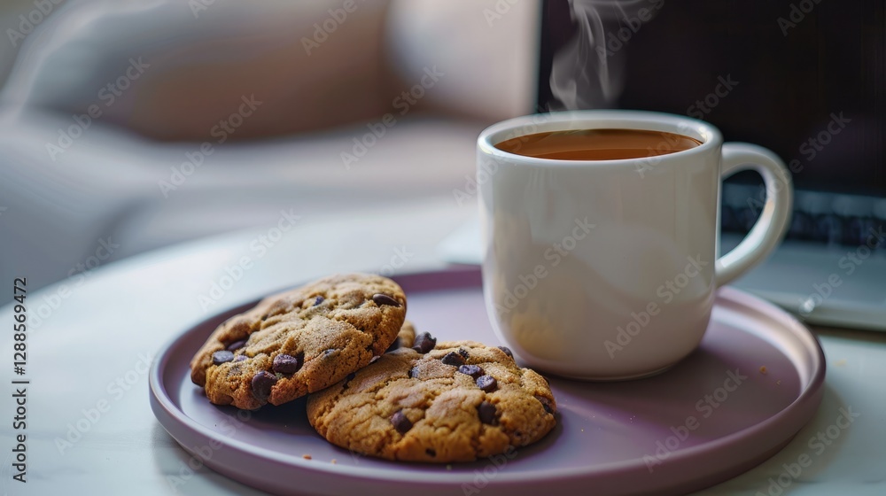 Boho mug with americano coffee, next to two brown chocolate chip cookies Boho mug with americano coffee, next to two brown chocolate chip cookies
