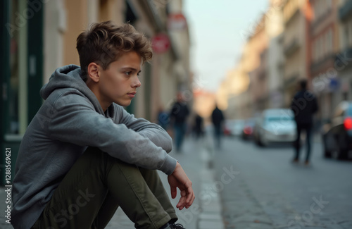 Young pensive teen boy sits alone on sidewalk in city street. Lonely sad juvenile in grey hoodie. Mental health concept. Thoughtful teenager. Delinquency, trouble. Cityscape view on background.