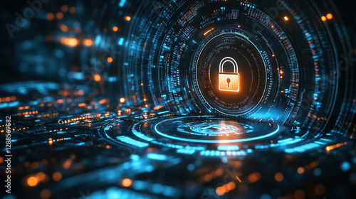 digital fortress with glowing networks and central lock symbol, representing cybersecurity and data protection. vibrant colors evoke sense of security and technology