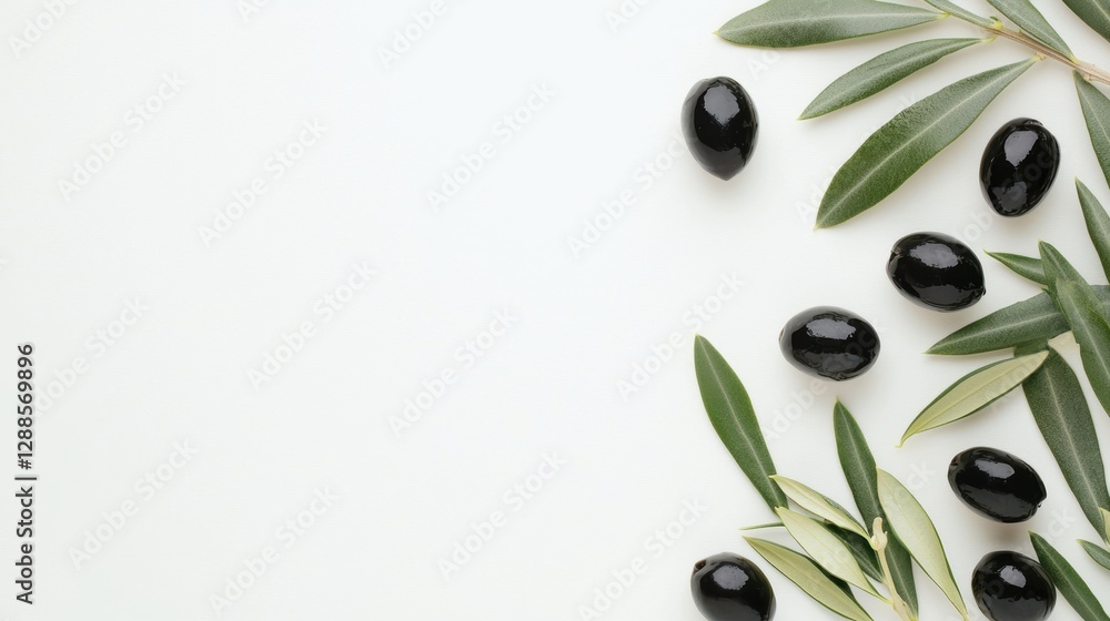 Fresh olive branch with ripe black olives evokes Mediterranean charm. Fresh olive branch with ripe black olives evokes Mediterranean charm.