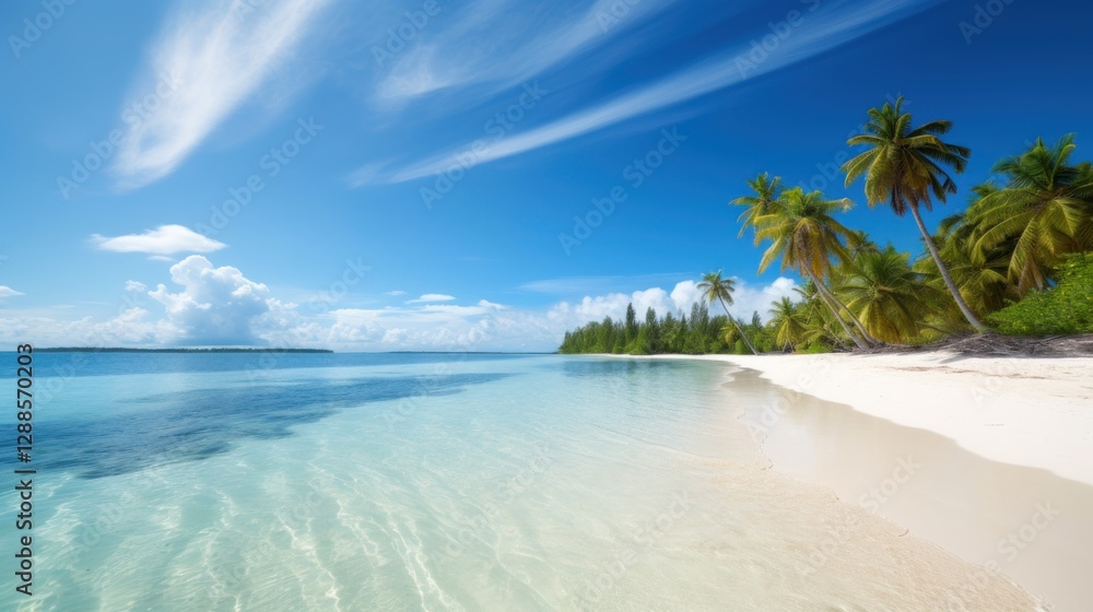 Tropical beach paradise, tranquil turquoise water, palm trees, idyllic scenery Tropical beach paradise, tranquil turquoise water, palm trees, idyllic scenery