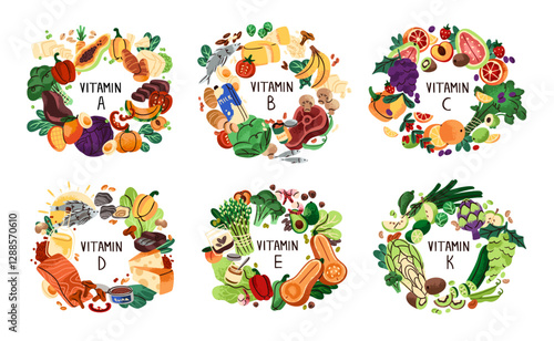 Set of sources of vitamins A, B, C, D, E, K. Different healthy products, organic food, vegetables, fruit with minerals, carbohydrates, protein. Flat isolated vector illustrations on white background