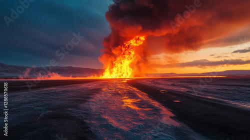 Wallpaper Mural fiery spectacle unfolded as flames erupted from pipeline, creating dramatic scene against twilight sky. intense colors and smoke evoke sense of awe and danger Torontodigital.ca