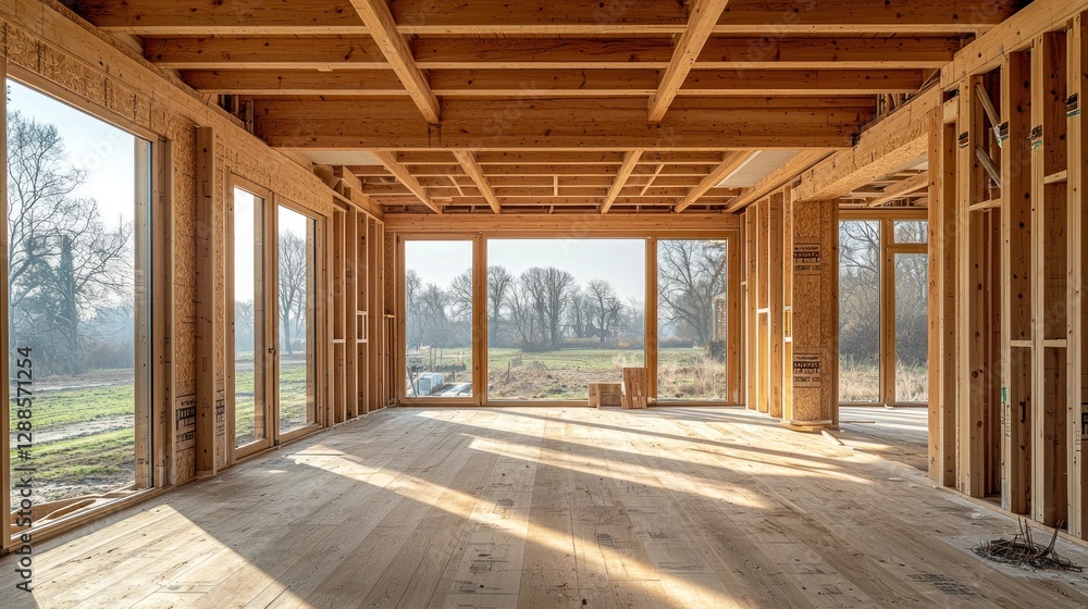 Wood Frame House Construction Interior View with Fields and Trees Outside Wood Frame House Construction Interior View with Fields and Trees Outside