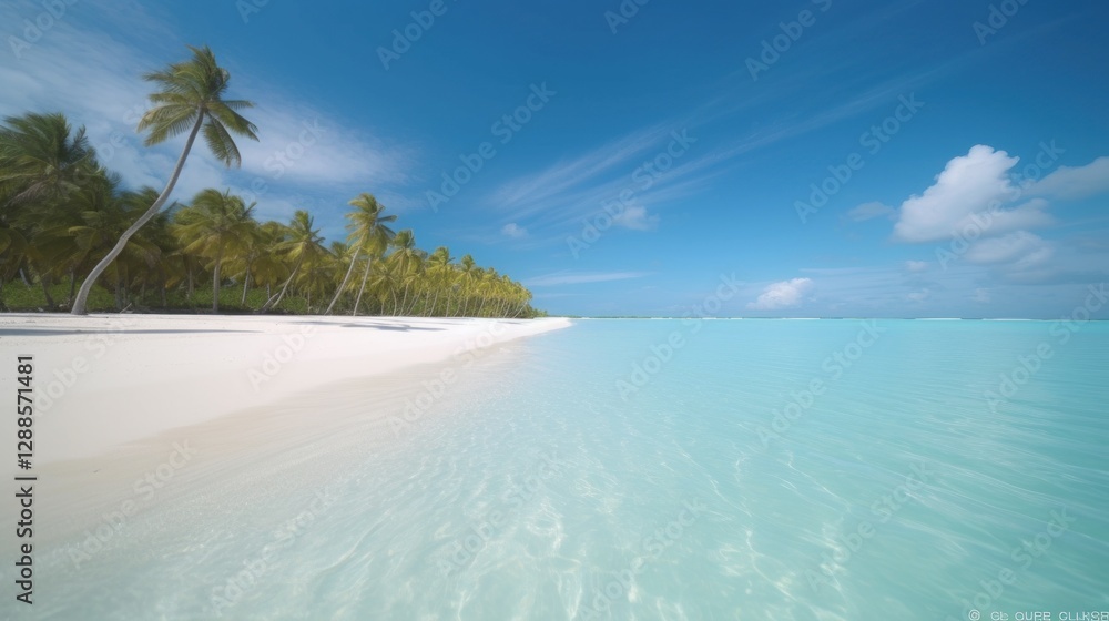 Fototapeta premium Tropical beach, pristine white sand, turquoise water, palm trees, idyllic scenery