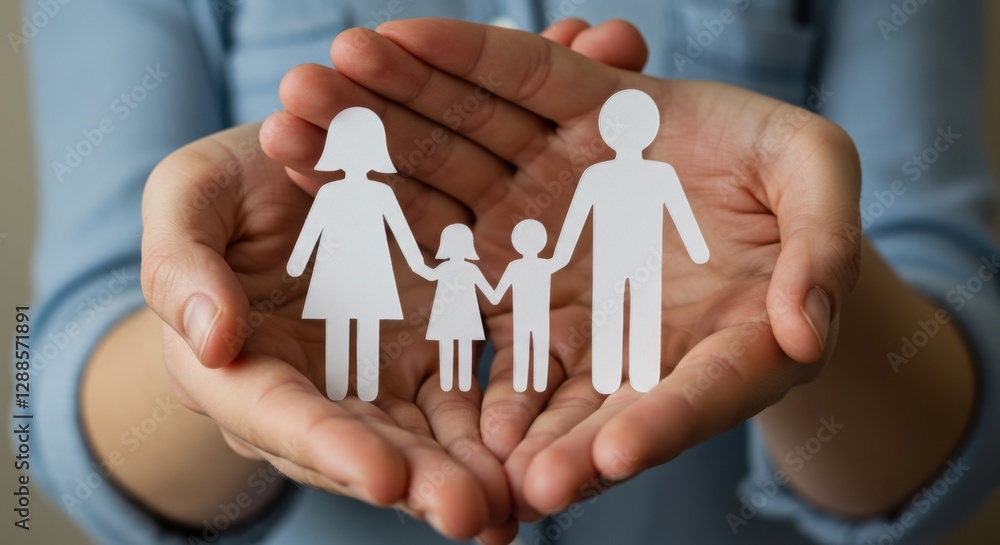 Paper Cutout Family Held in Caring Hands Symbolizing Protection and Togetherness Paper Cutout Family Held in Caring Hands Symbolizing Protection and Togetherness