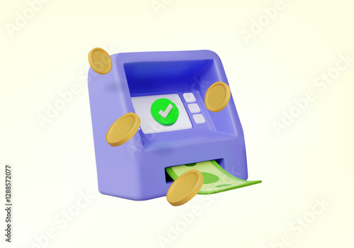 3D vector illustration render of purple ATM icon with check mark, with bills being paid and coins floating. Concept of successful convenient and safe financial transaction. Cash deposit and withdrawal